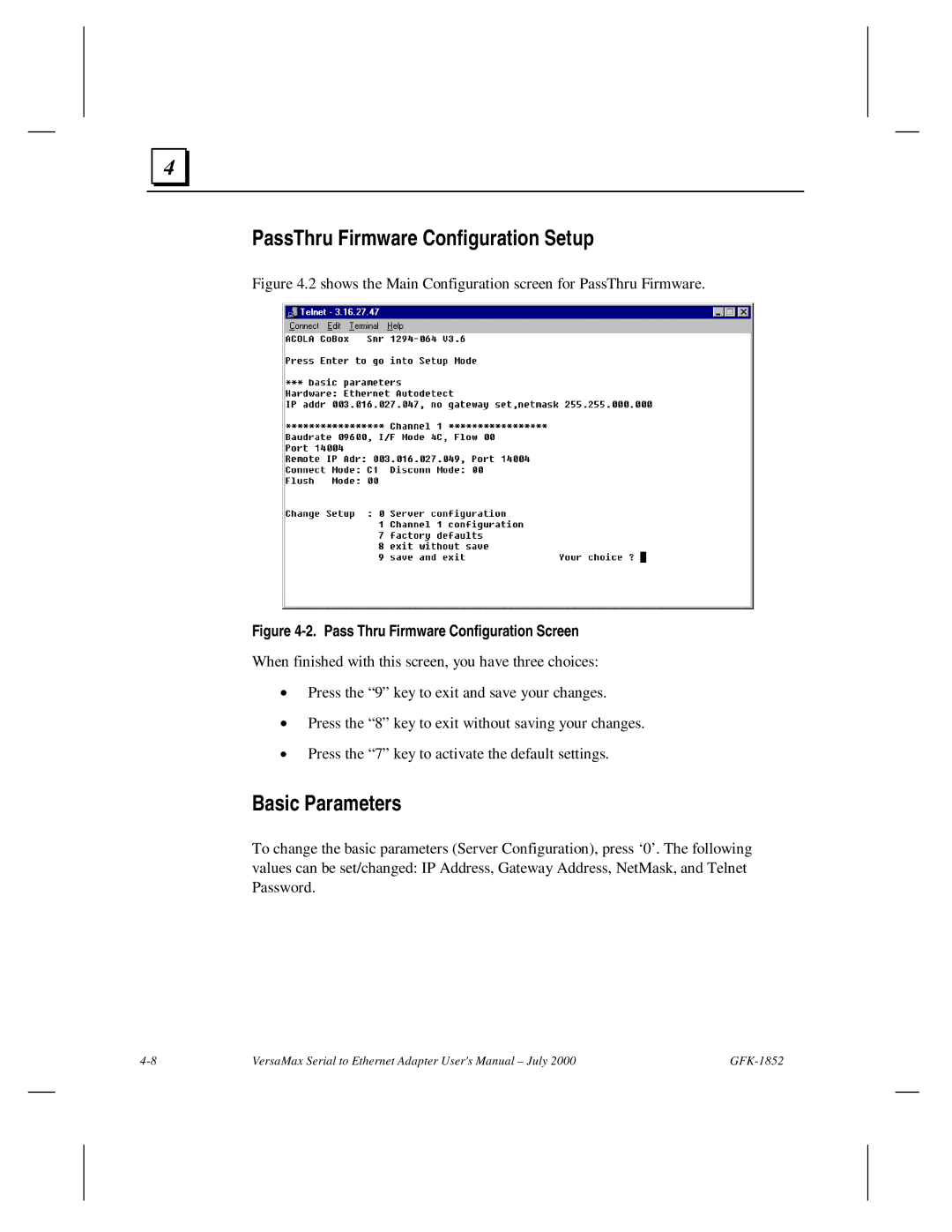 GE GFK-1852 user manual PassThru Firmware Configuration Setup, Basic Parameters 