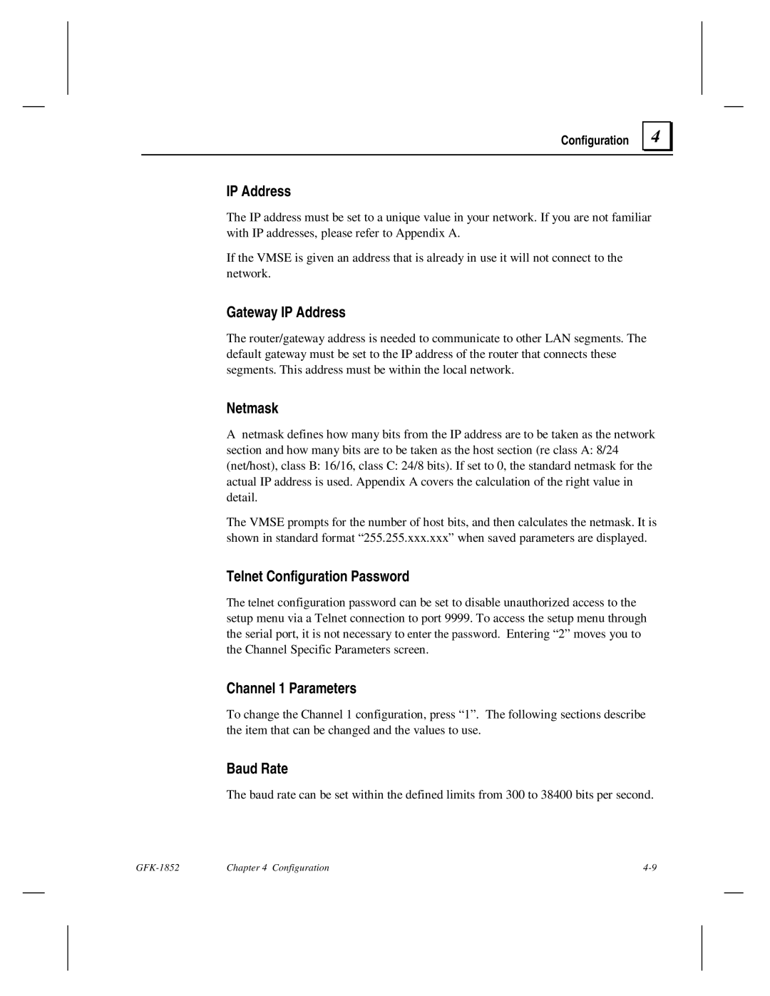 GE GFK-1852 user manual Gateway IP Address, Netmask, Telnet Configuration Password, Channel 1 Parameters, Baud Rate 