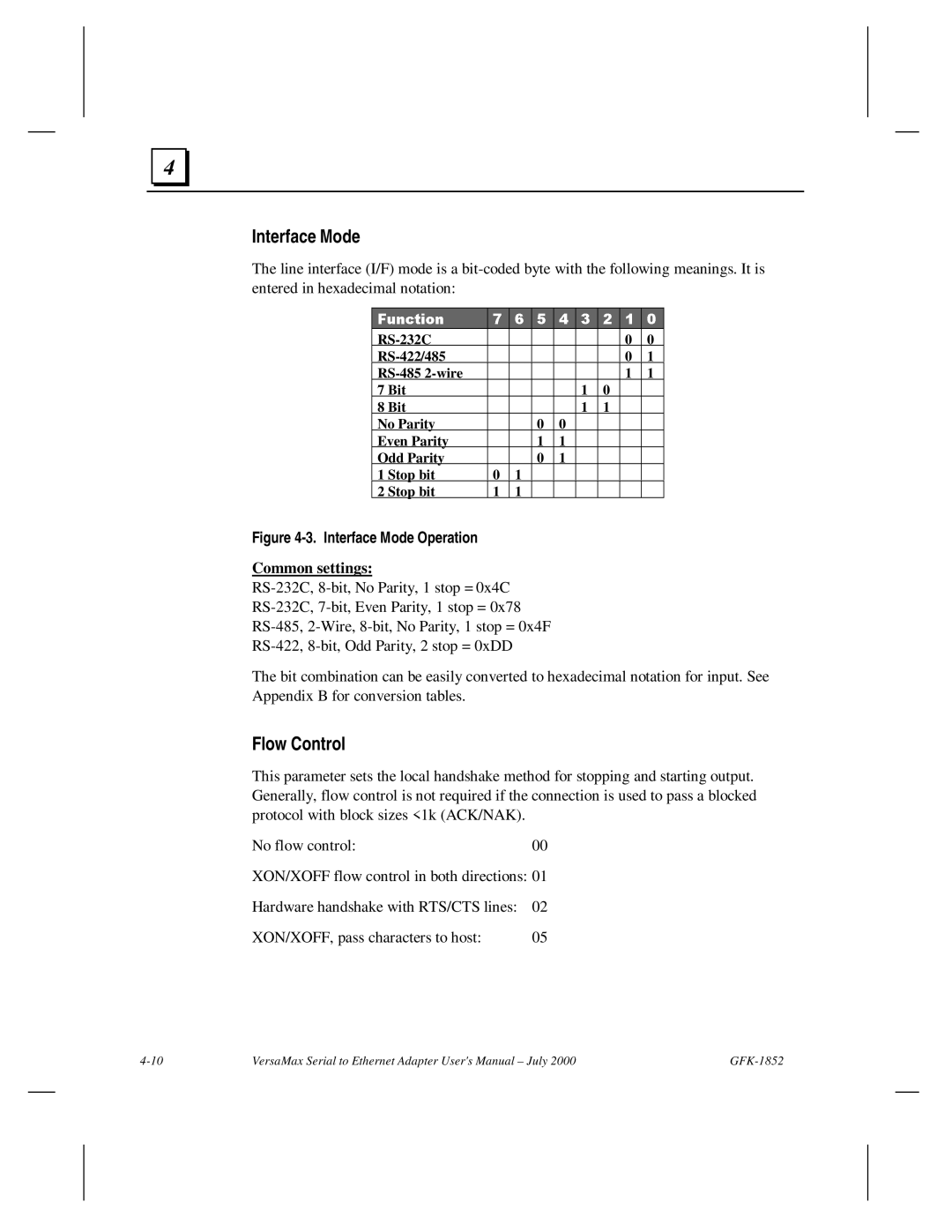 GE GFK-1852 user manual Interface Mode, Flow Control, Common settings 