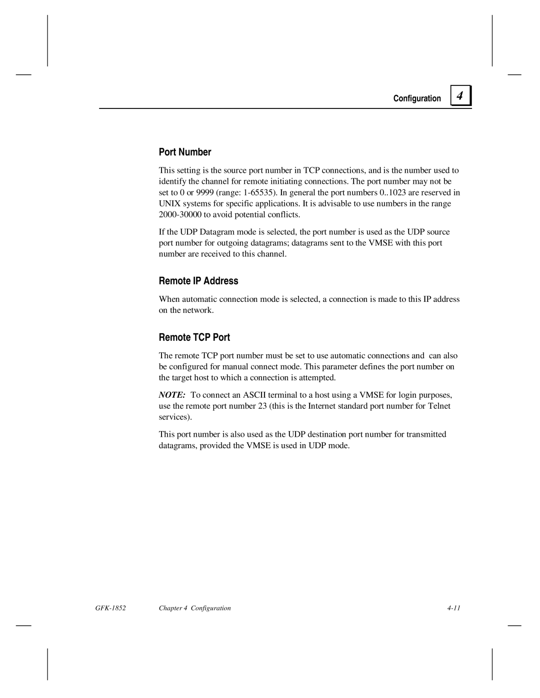 GE GFK-1852 user manual Port Number, Remote IP Address, Remote TCP Port 