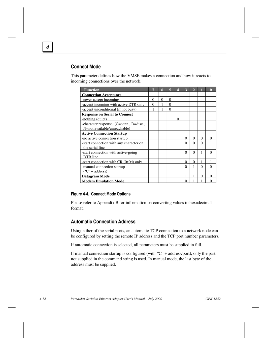 GE GFK-1852 user manual Connect Mode, Automatic Connection Address 