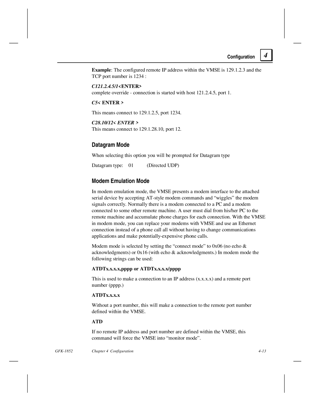 GE GFK-1852 user manual Datagram Mode, Modem Emulation Mode, ATDTx.x.x.x,pppp or ATDTx.x.x.x/pppp 