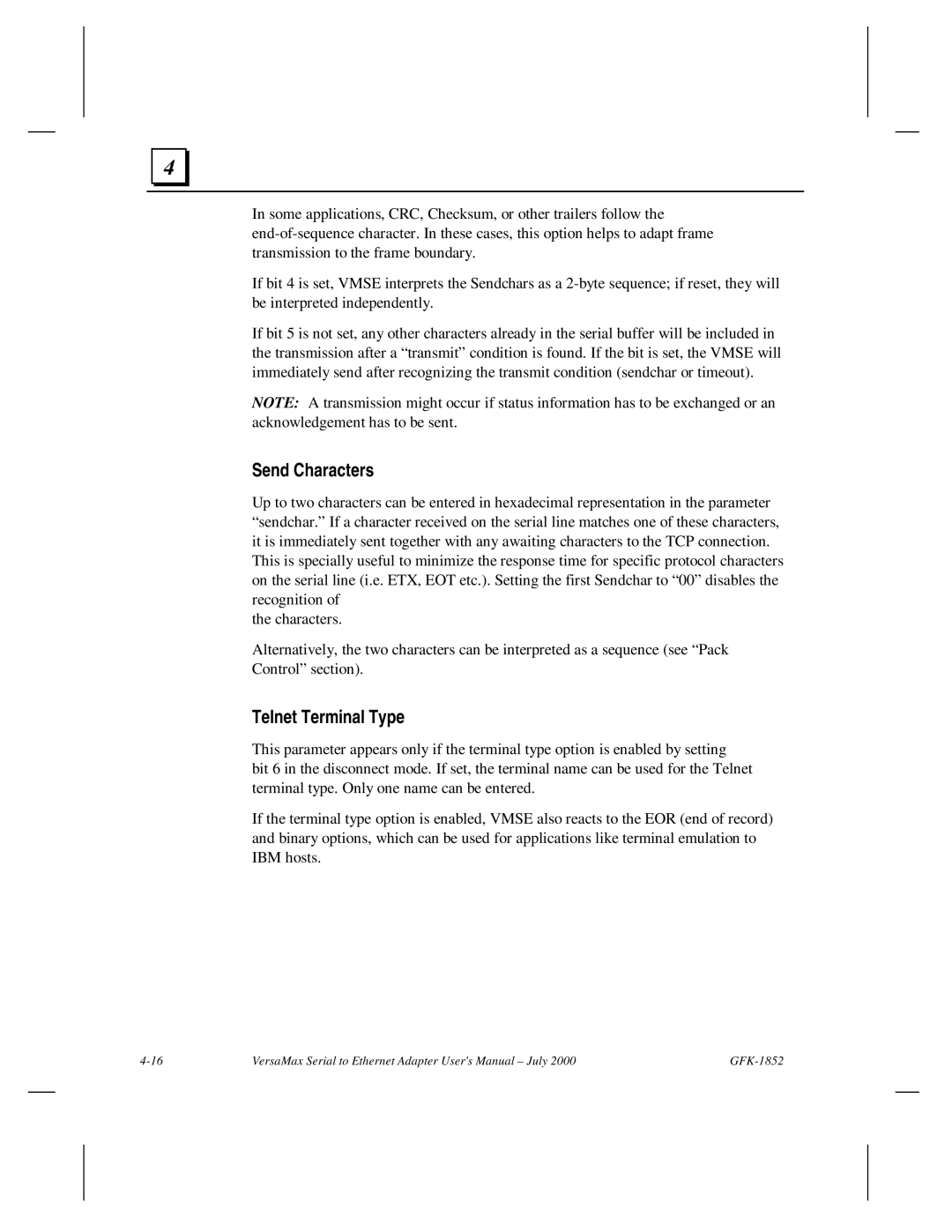 GE GFK-1852 user manual Send Characters, Telnet Terminal Type 