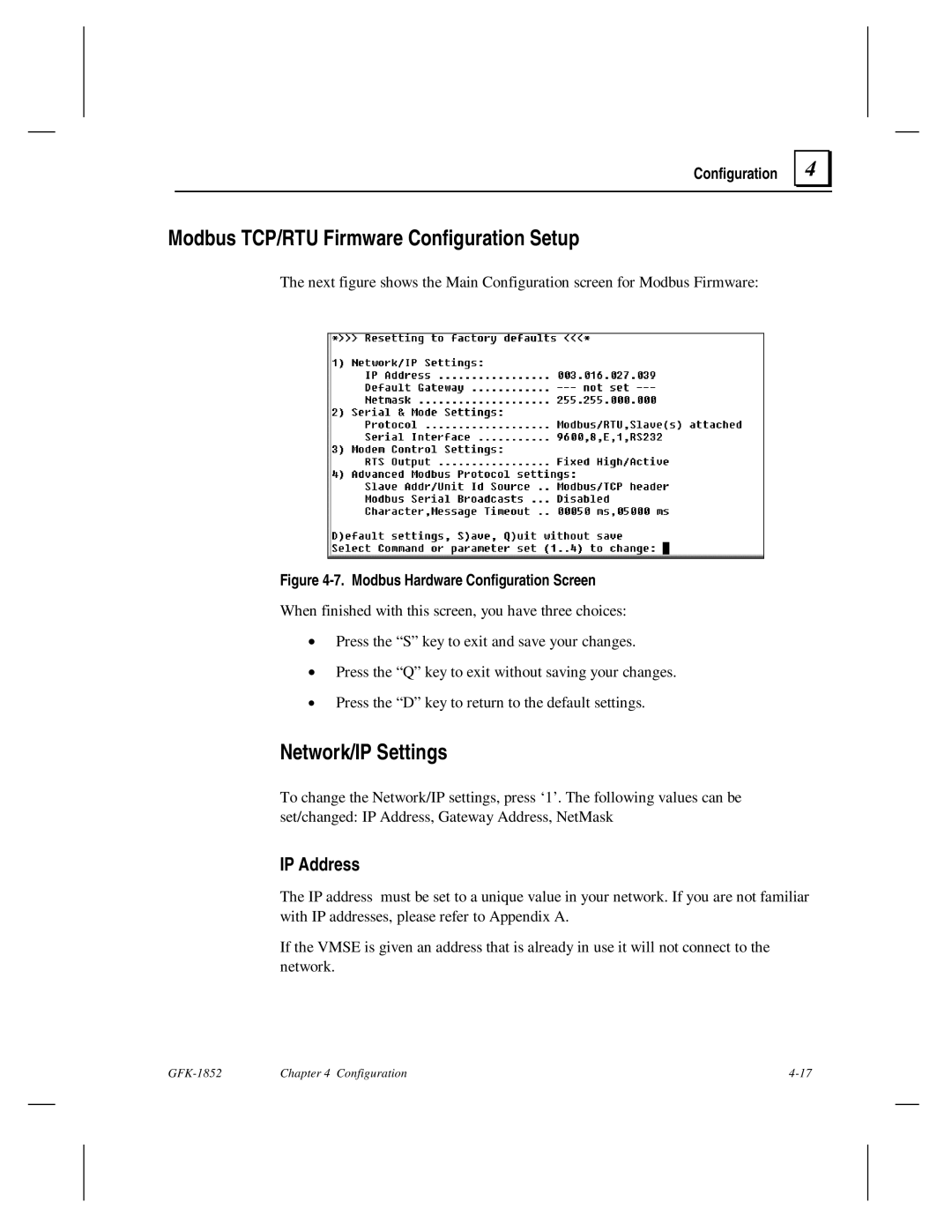 GE GFK-1852 user manual Modbus TCP/RTU Firmware Configuration Setup, Modbus Hardware Configuration Screen 