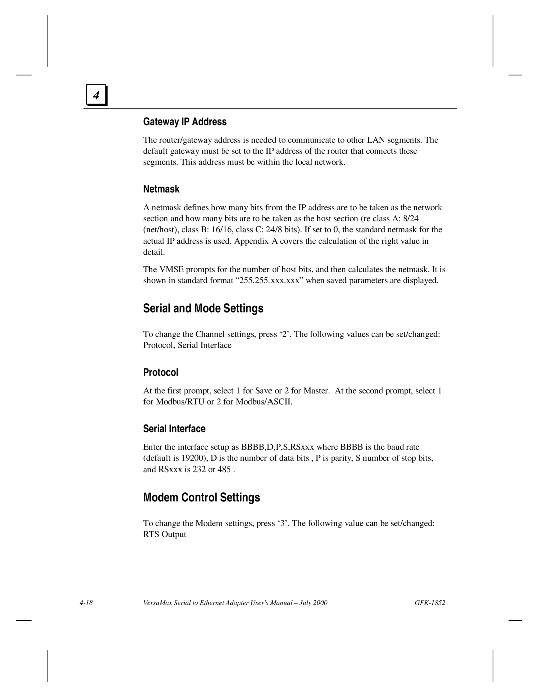 GE GFK-1852 user manual Serial and Mode Settings, Modem Control Settings, Protocol, Serial Interface 