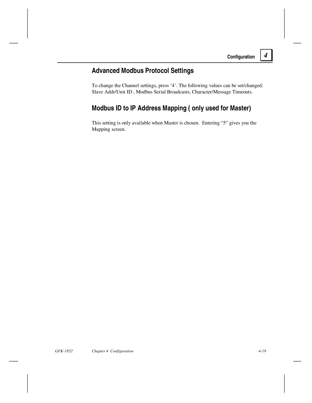 GE GFK-1852 user manual Advanced Modbus Protocol Settings, Modbus ID to IP Address Mapping only used for Master 