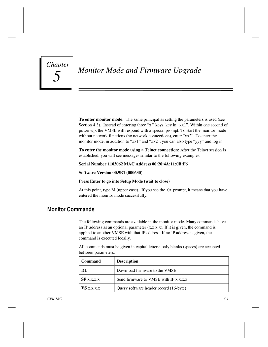 GE GFK-1852 user manual Monitor Mode and Firmware Upgrade, Monitor Commands, Command Description 