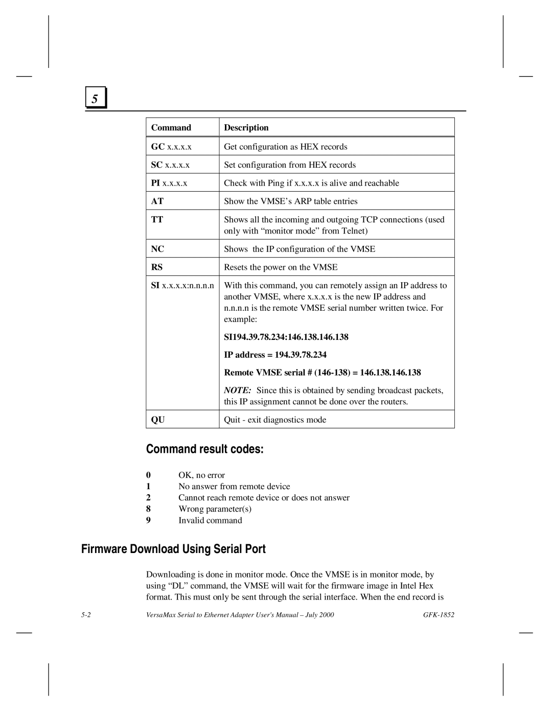 GE GFK-1852 Command result codes, Firmware Download Using Serial Port, SI194.39.78.234146.138.146.138, IP address = 