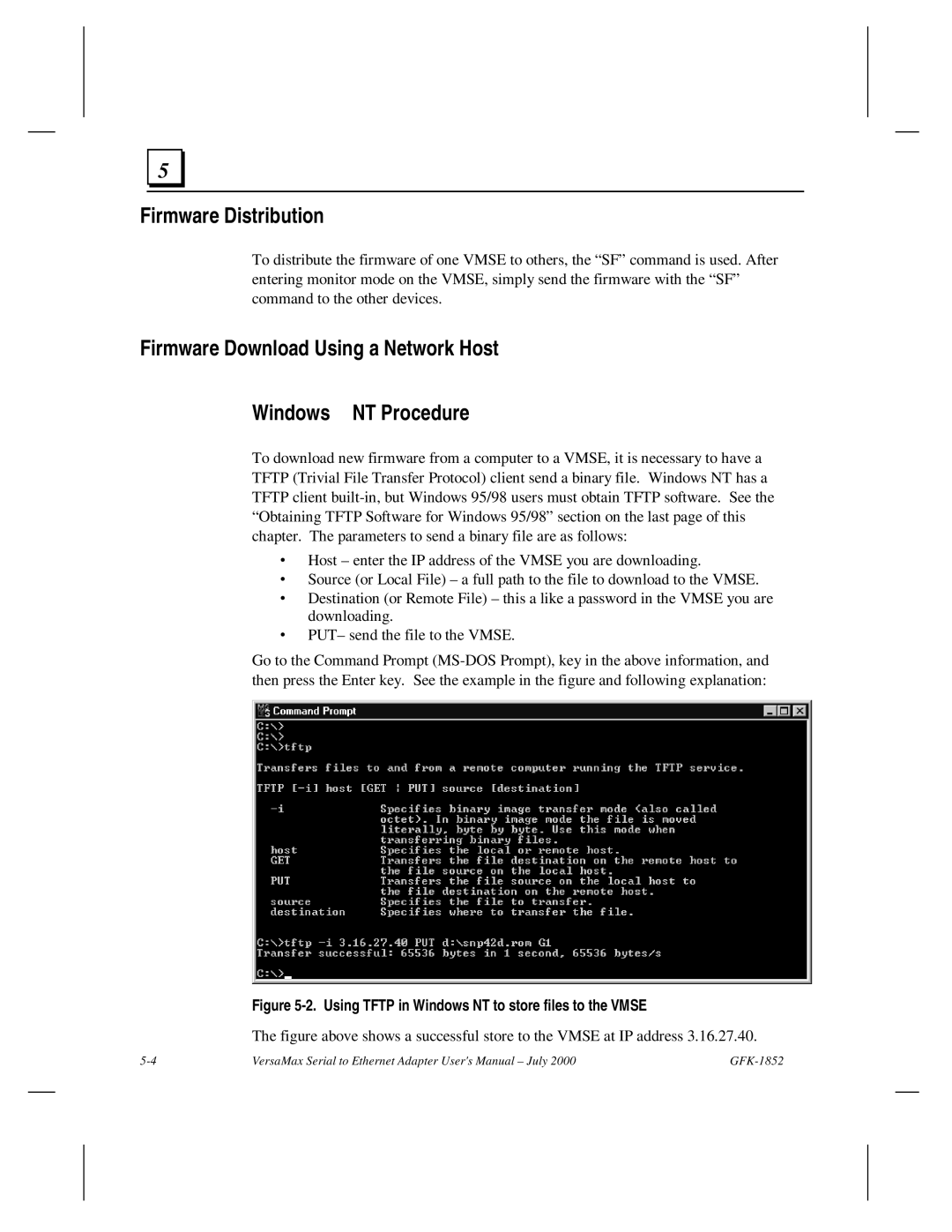 GE GFK-1852 user manual Firmware Distribution, Firmware Download Using a Network Host Windows NT Procedure 