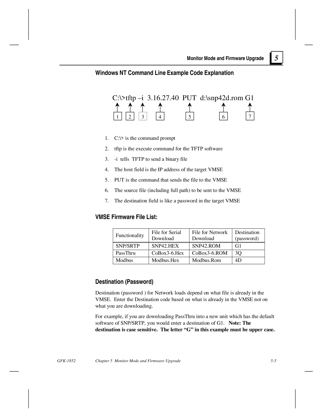 GE GFK-1852 user manual Windows NT Command Line Example Code Explanation, Vmse Firmware File List, Destination Password 