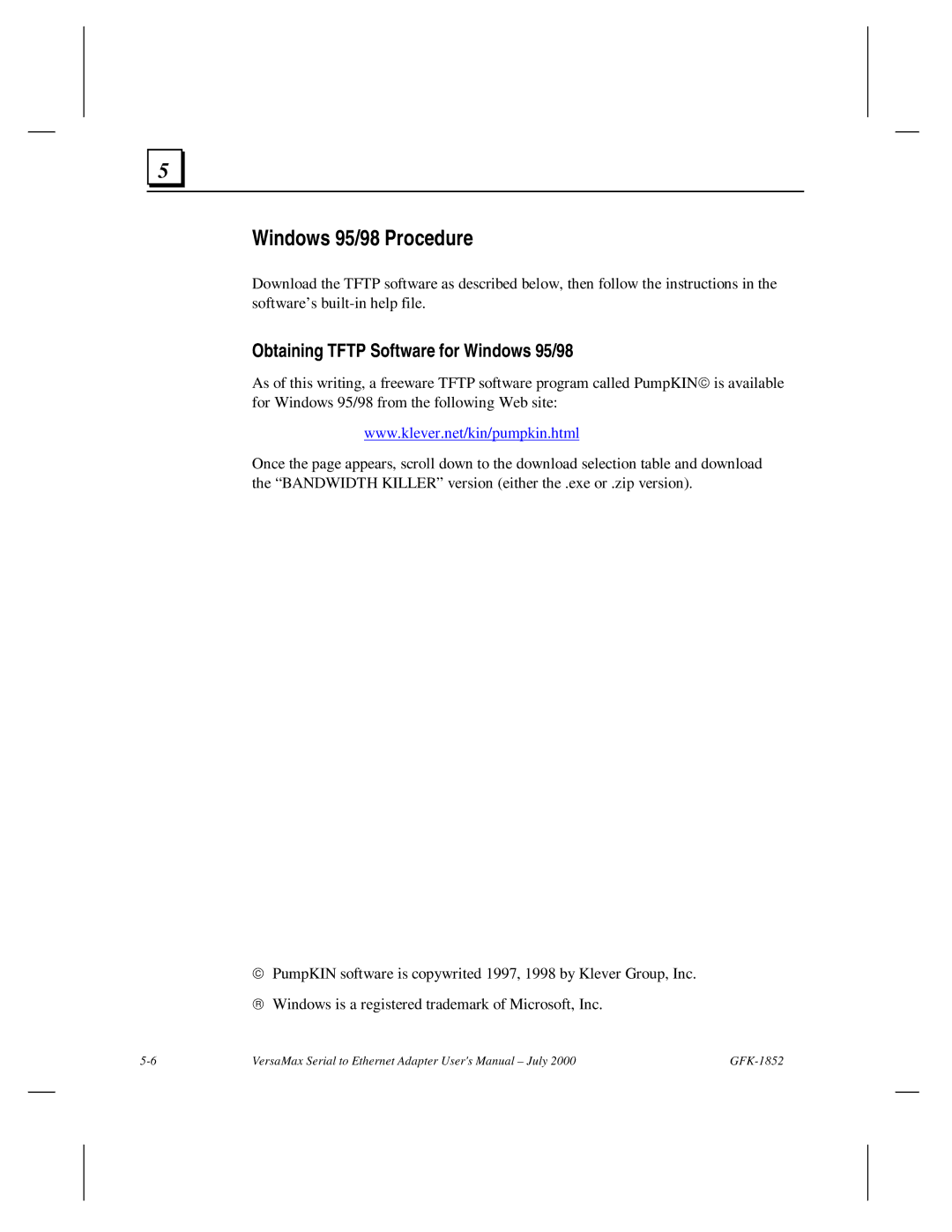 GE GFK-1852 user manual Windows 95/98 Procedure, Obtaining Tftp Software for Windows 95/98 