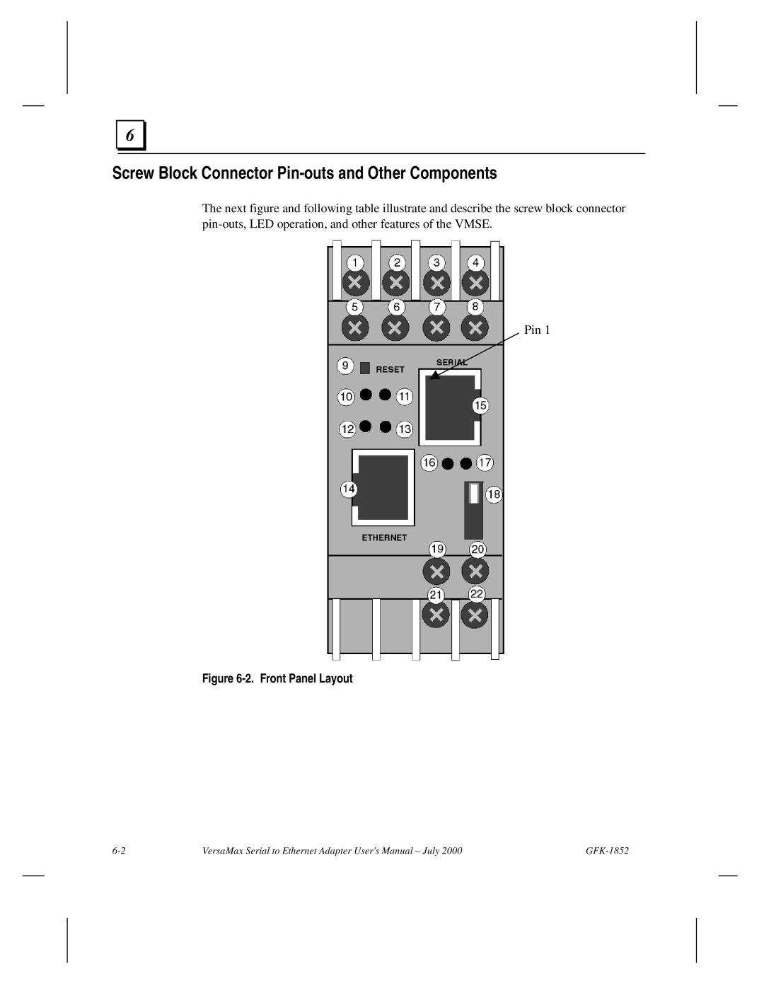 GE GFK-1852 user manual Screw Block Connector Pin-outs and Other Components, Front Panel Layout 