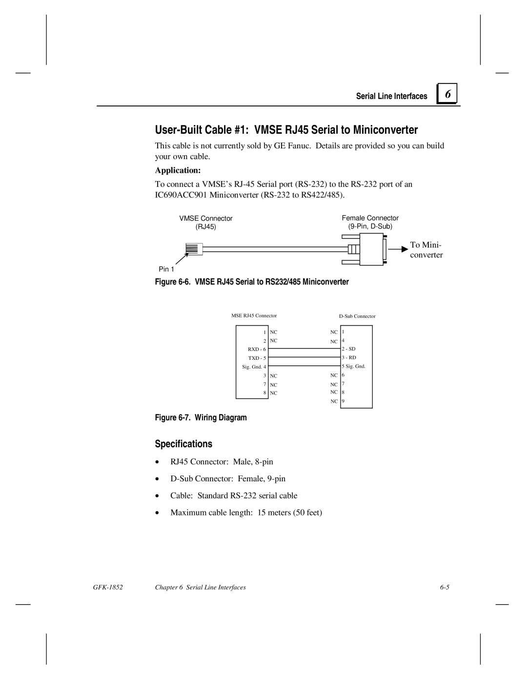 GE GFK-1852 user manual User-Built Cable #1 Vmse RJ45 Serial to Miniconverter, Specifications, Application 