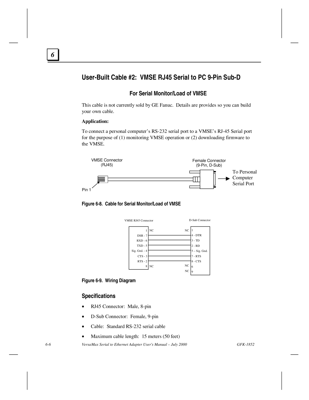 GE GFK-1852 user manual User-Built Cable #2 Vmse RJ45 Serial to PC 9-Pin Sub-D, For Serial Monitor/Load of Vmse 