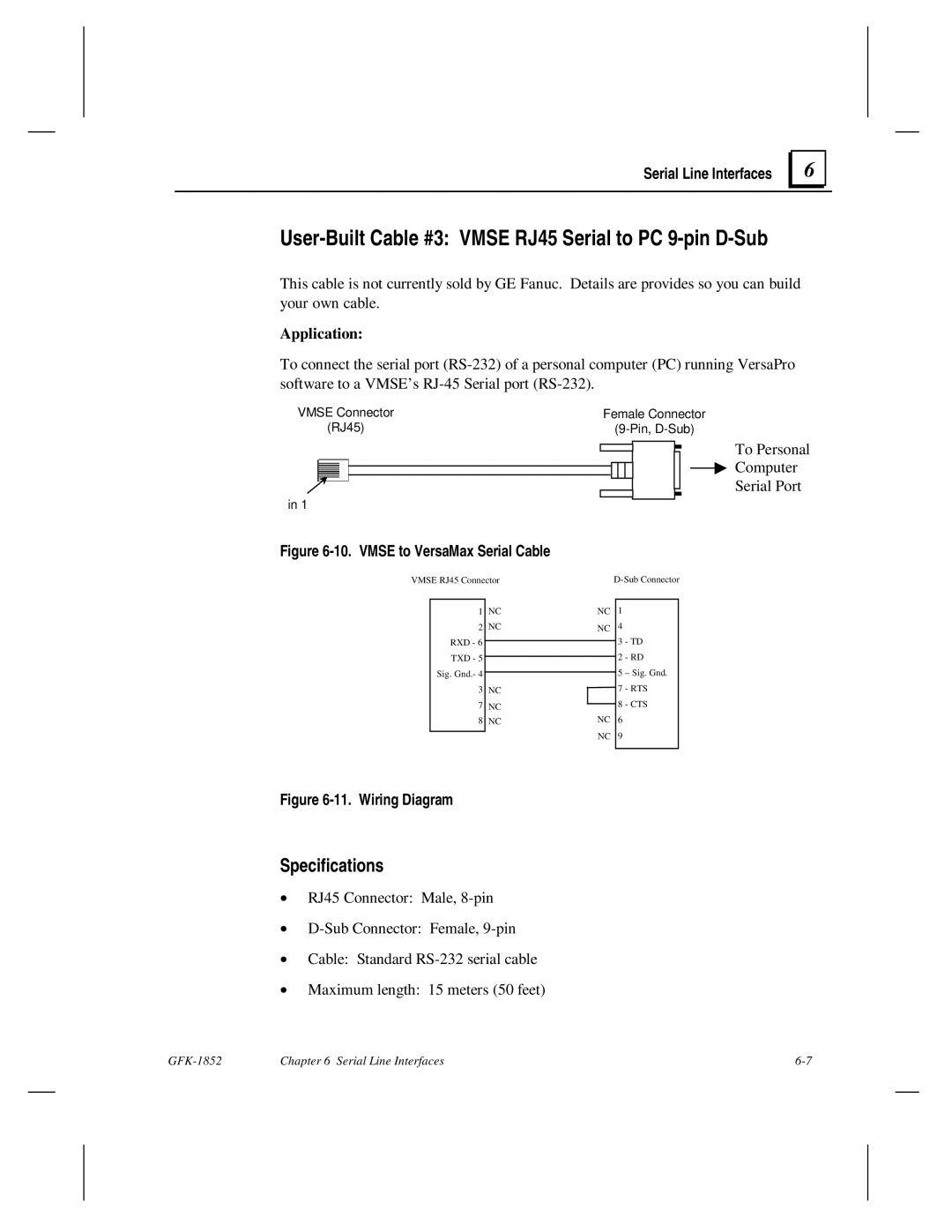 GE GFK-1852 user manual User-Built Cable #3 Vmse RJ45 Serial to PC 9-pin D-Sub, Vmse to VersaMax Serial Cable 