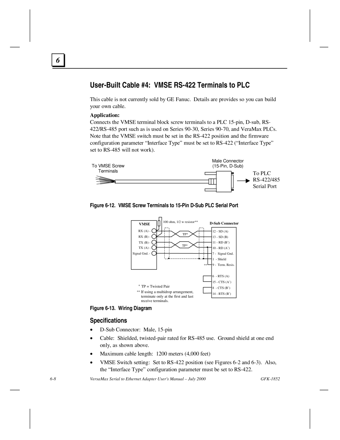 GE GFK-1852 user manual User-Built Cable #4 Vmse RS-422 Terminals to PLC, To PLC RS-422/485 Serial Port 