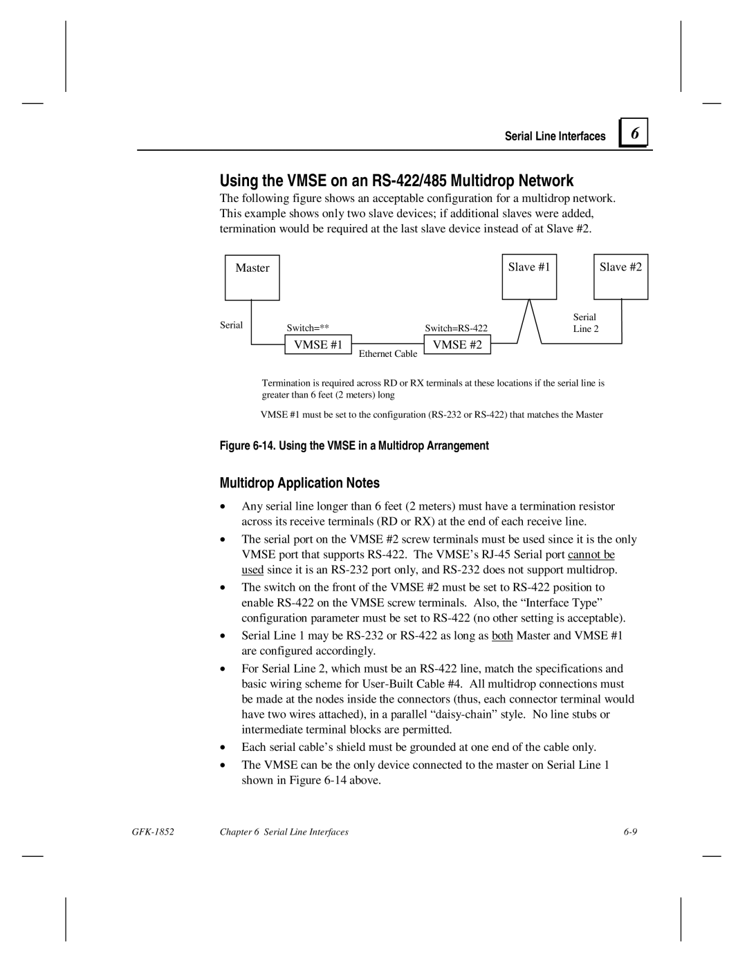 GE GFK-1852 user manual Using the Vmse on an RS-422/485 Multidrop Network, Multidrop Application Notes 