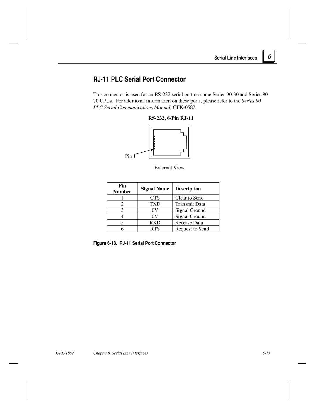 GE GFK-1852 user manual RJ-11 PLC Serial Port Connector, RS-232, 6-Pin RJ-11, Pin Signal Name Description Number 