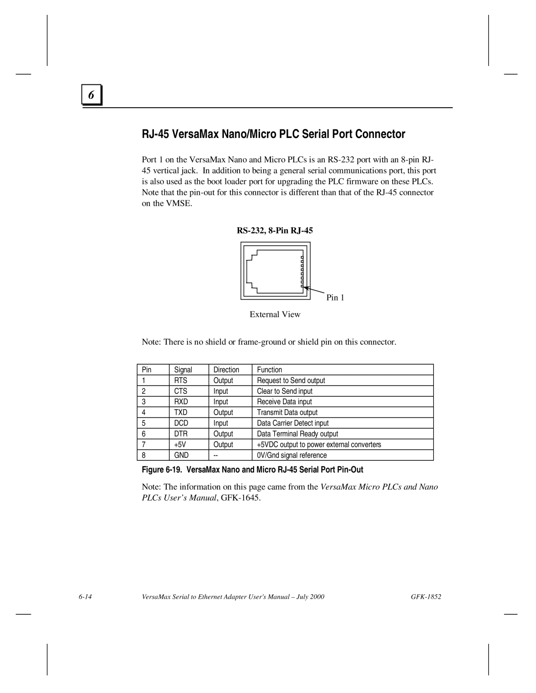 GE GFK-1852 user manual RJ-45 VersaMax Nano/Micro PLC Serial Port Connector, RS-232, 8-Pin RJ-45 