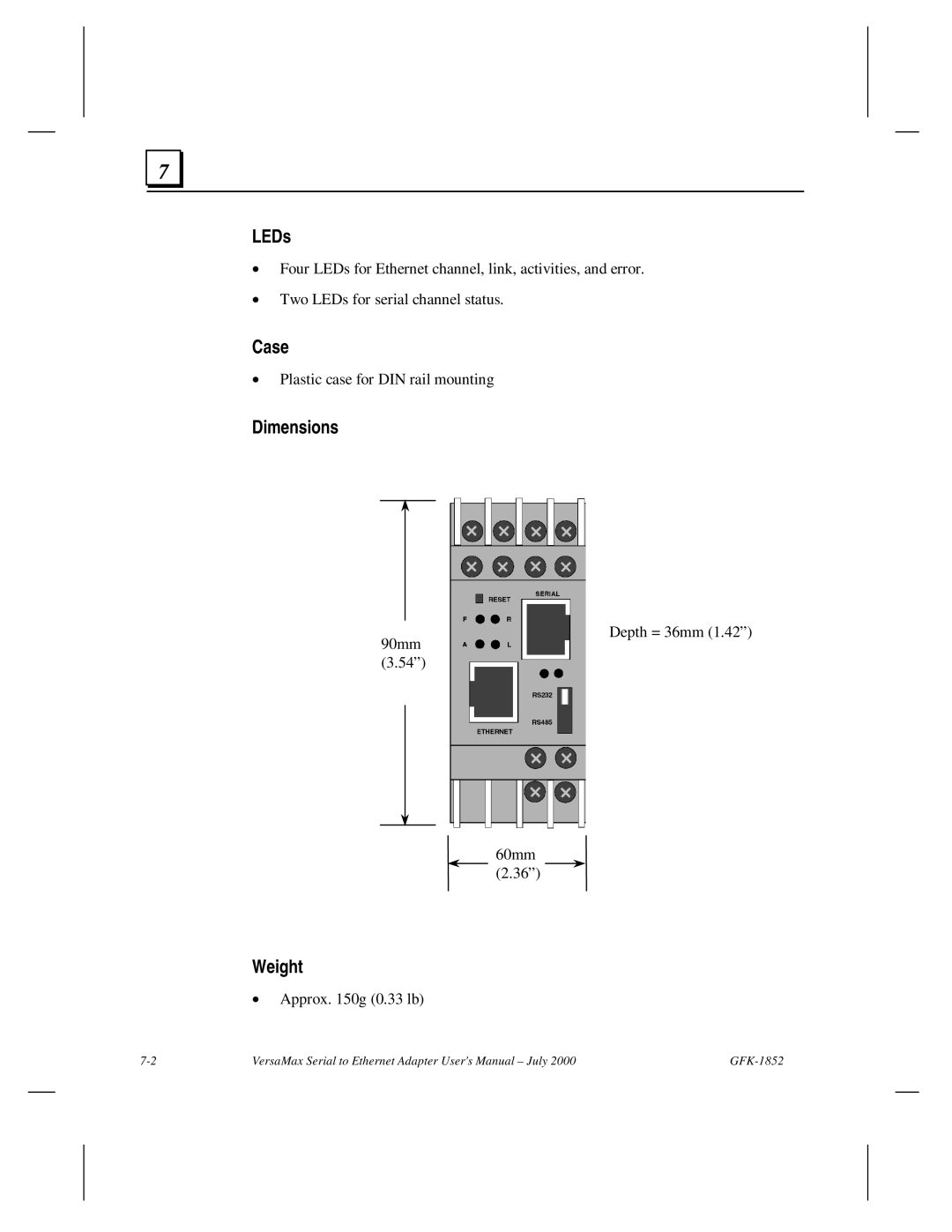 GE GFK-1852 user manual LEDs, Case, Dimensions, Weight 