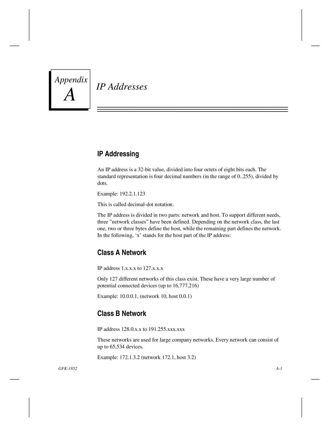 GE GFK-1852 user manual IP Addresses, IP Addressing, Class a Network, Class B Network 