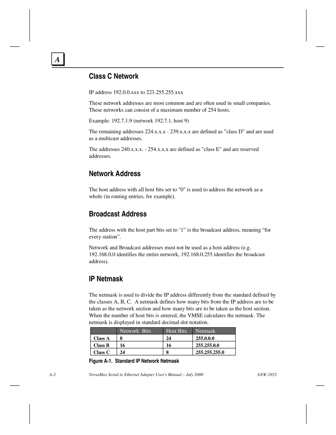 GE GFK-1852 user manual Class C Network, Network Address, Broadcast Address, IP Netmask 