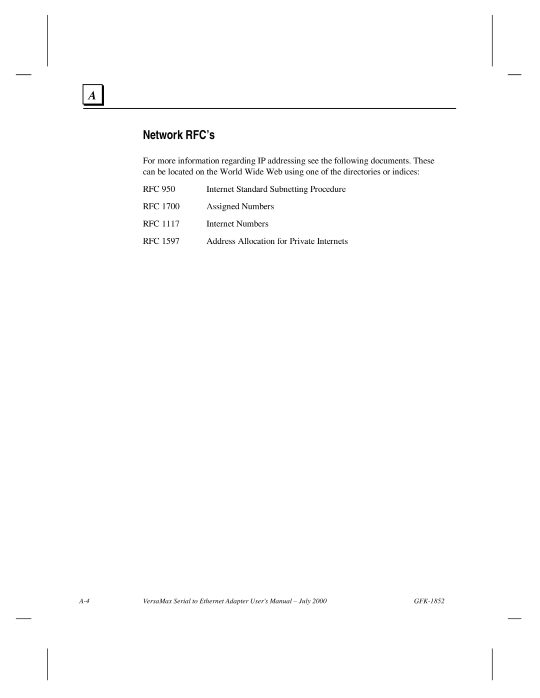 GE GFK-1852 user manual Network RFC’s 