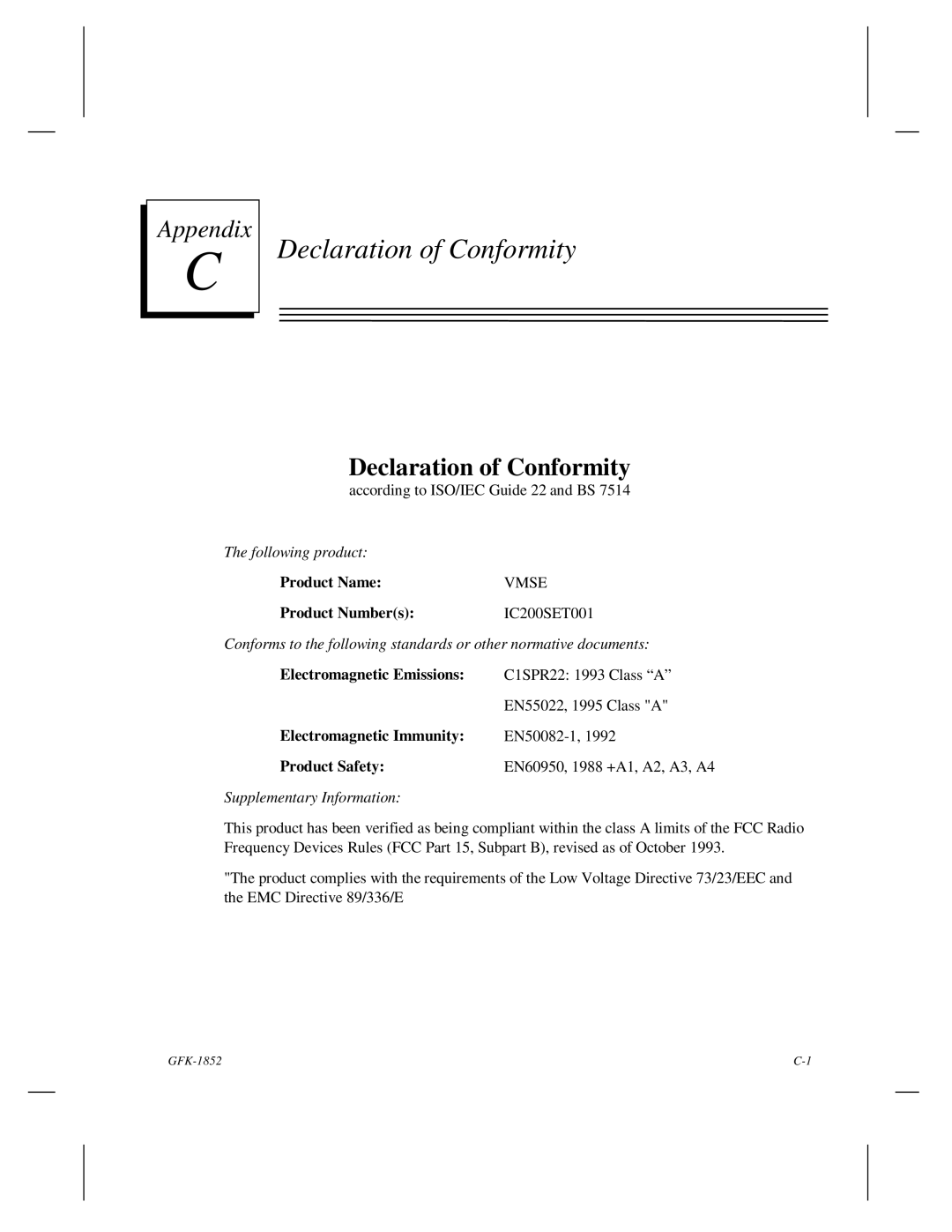 GE GFK-1852 user manual Declaration of Conformity, Electromagnetic Emissions, Electromagnetic Immunity, Product Safety 