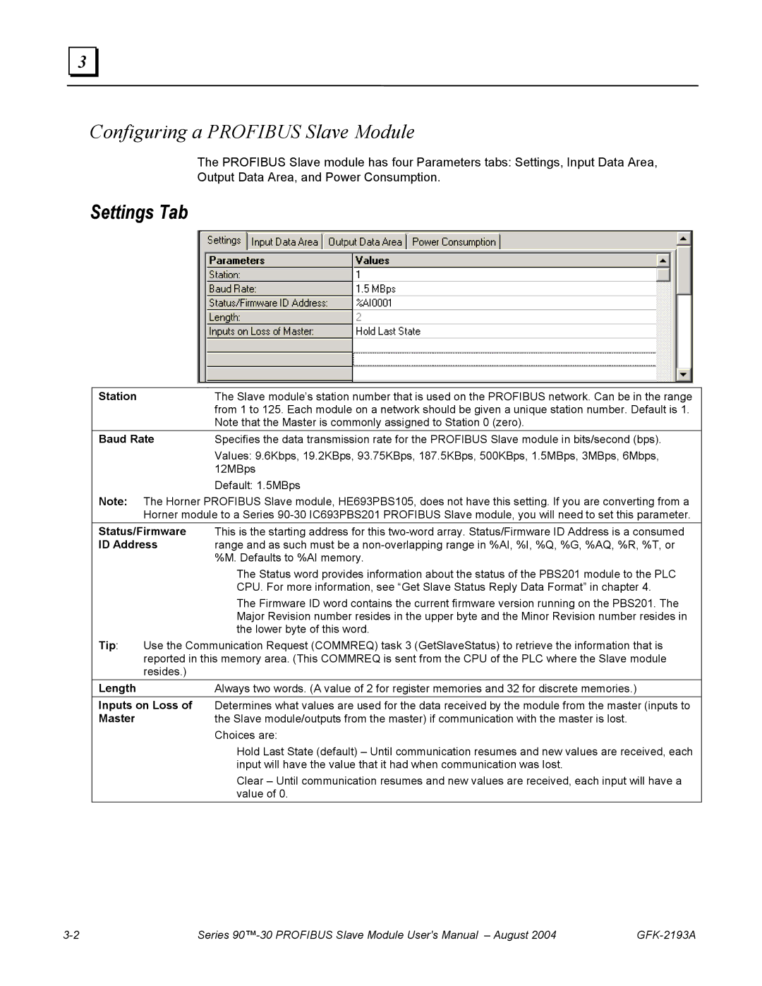 GE GFK-2193A user manual Configuring a Profibus Slave Module, Settings Tab 