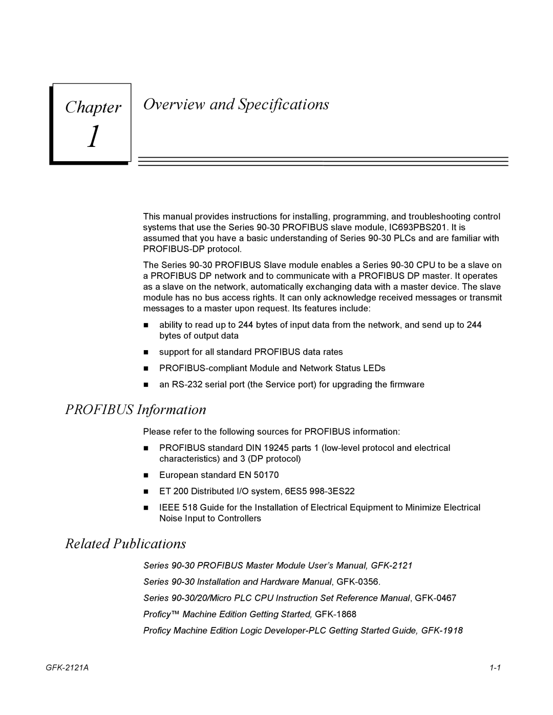 GE GFK-2193A user manual Overview and Specifications, Profibus Information, Related Publications 