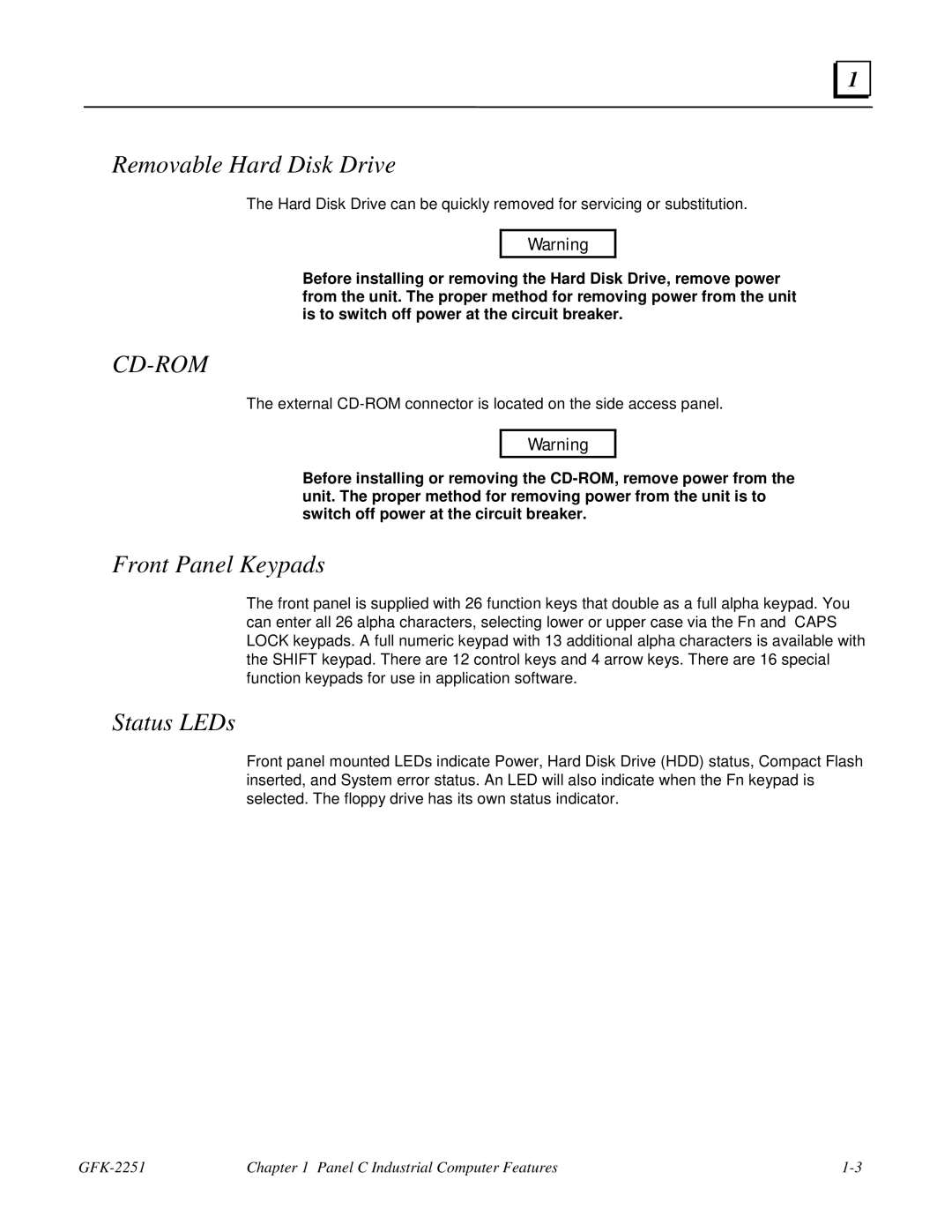 GE GFK-2251 manual Removable Hard Disk Drive, Front Panel Keypads, Status LEDs 