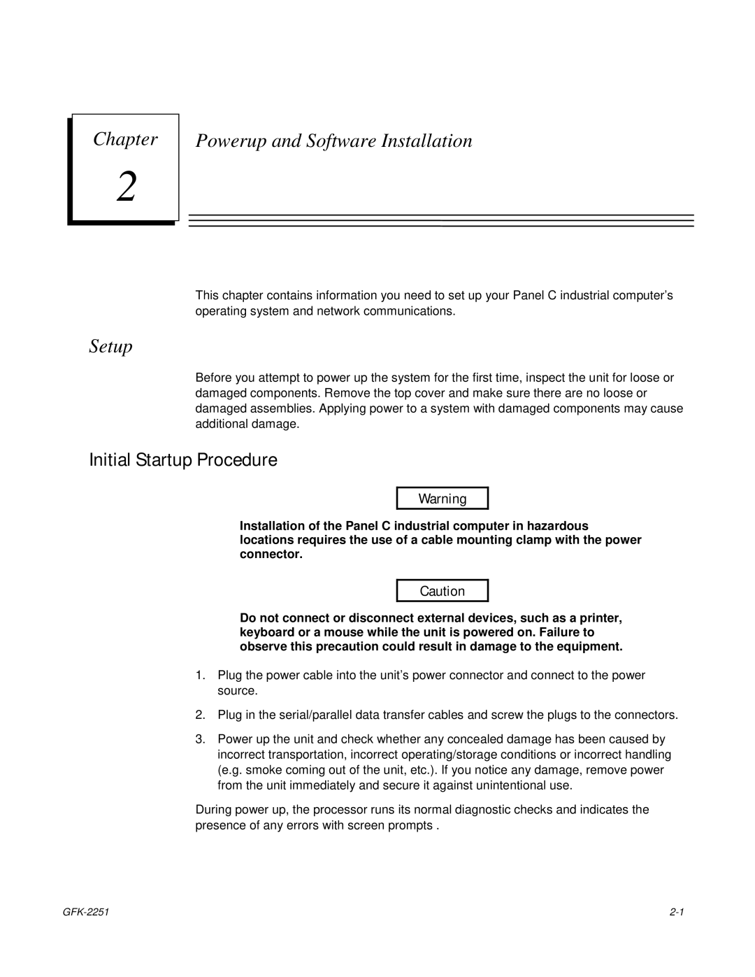 GE GFK-2251 manual Chapter Powerup and Software Installation, Setup 