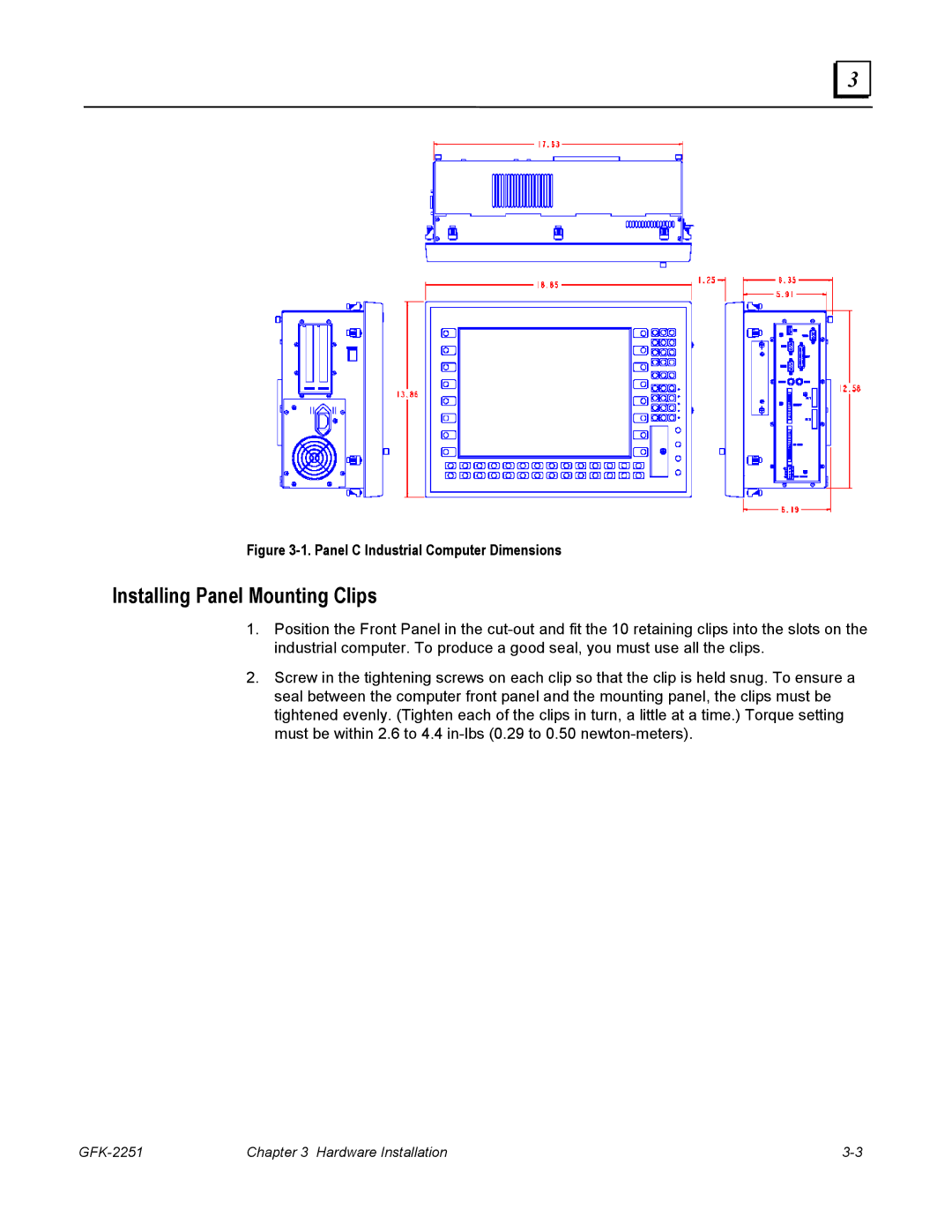 GE GFK-2251 manual Installing Panel Mounting Clips, Panel C Industrial Computer Dimensions 