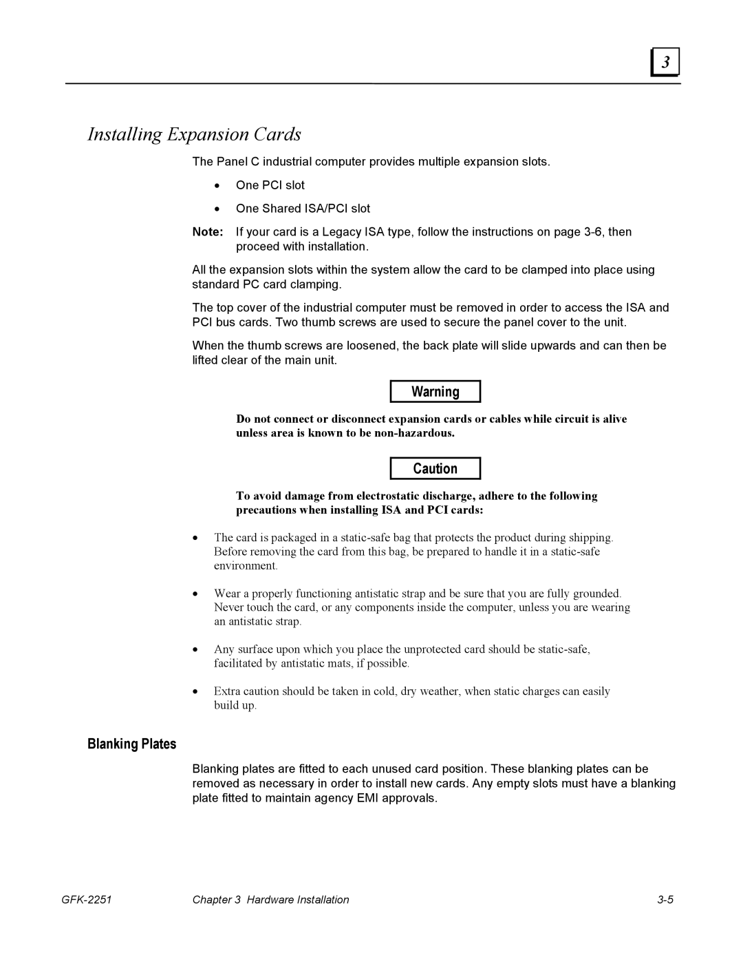 GE GFK-2251 manual Installing Expansion Cards, Blanking Plates 