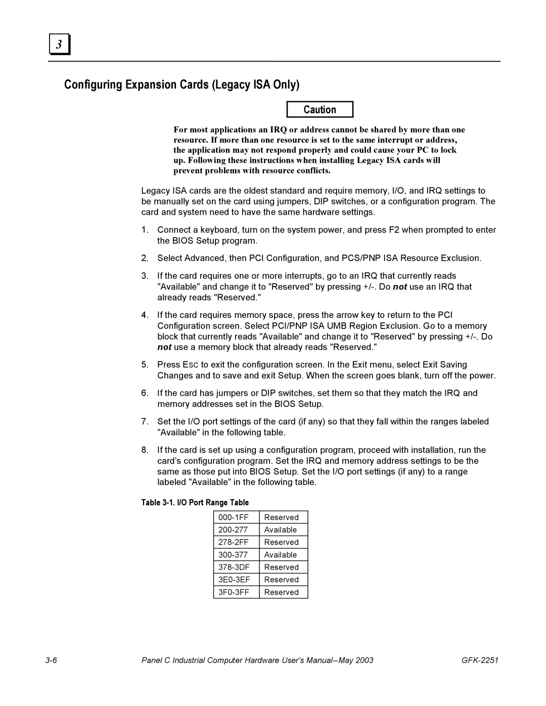 GE GFK-2251 manual Configuring Expansion Cards Legacy ISA Only 