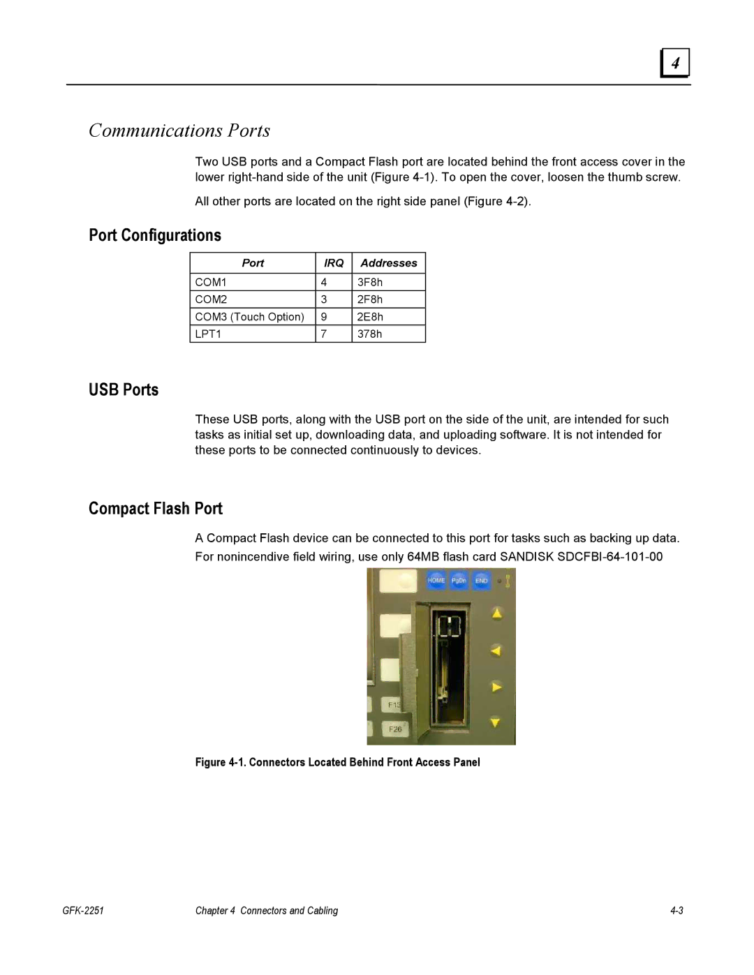 GE GFK-2251 manual Communications Ports, Port Configurations, USB Ports, Compact Flash Port 