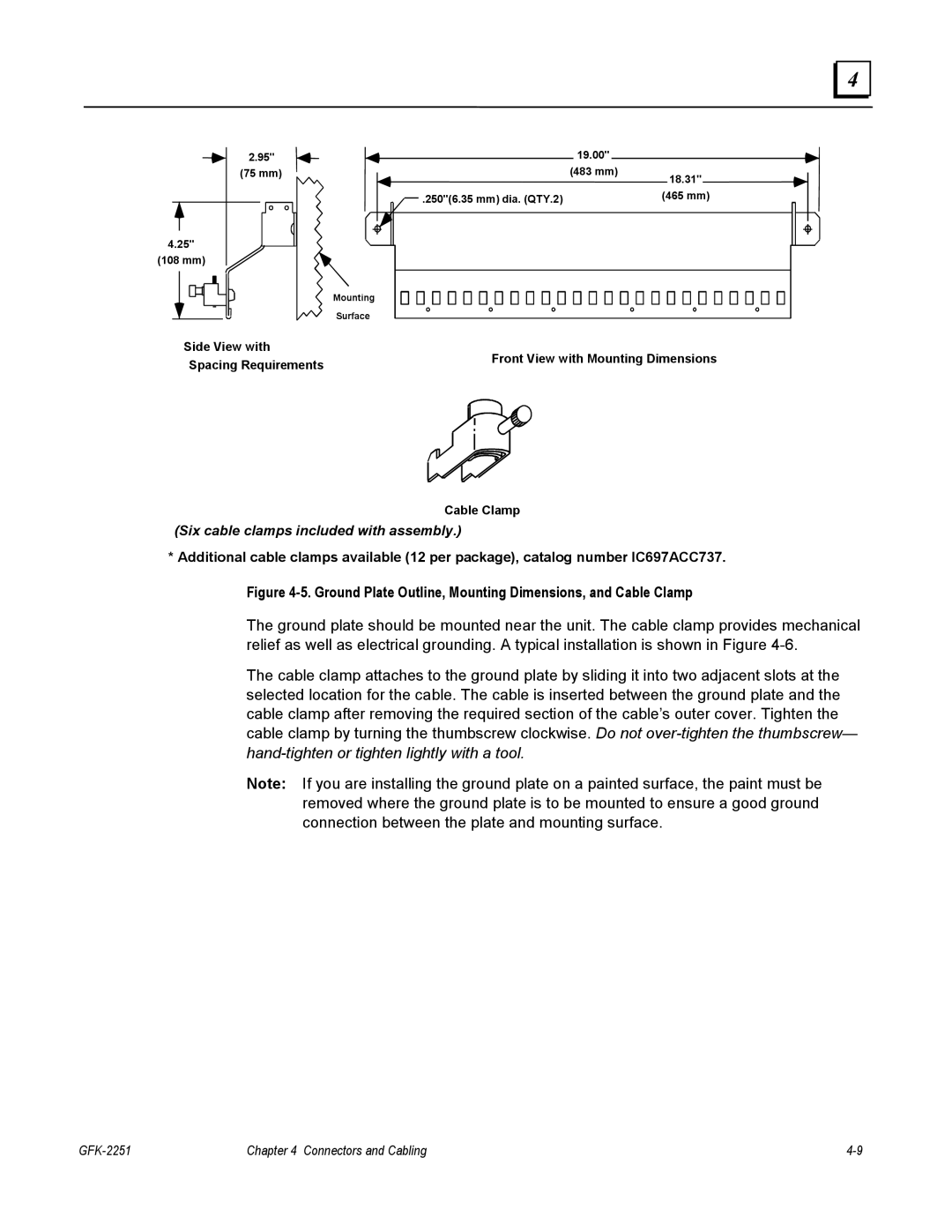 GE GFK-2251 manual Ground Plate Outline, Mounting Dimensions, and Cable Clamp, Six cable clamps included with assembly 