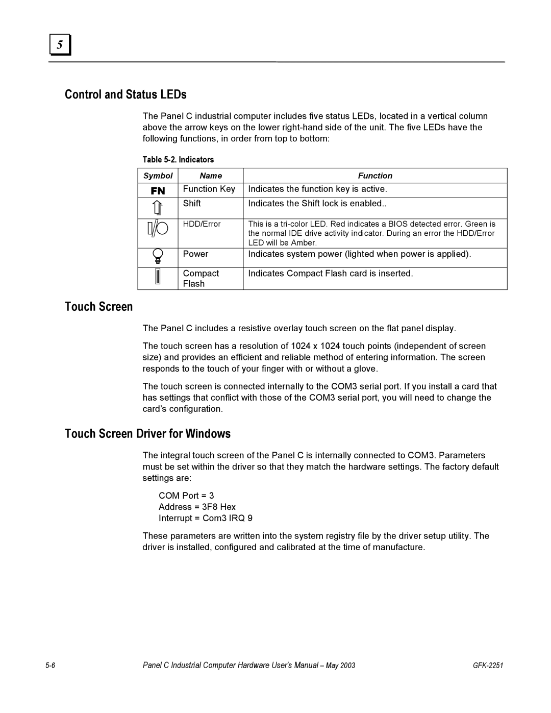 GE GFK-2251 manual Control and Status LEDs, Touch Screen Driver for Windows, Symbol Name Function 
