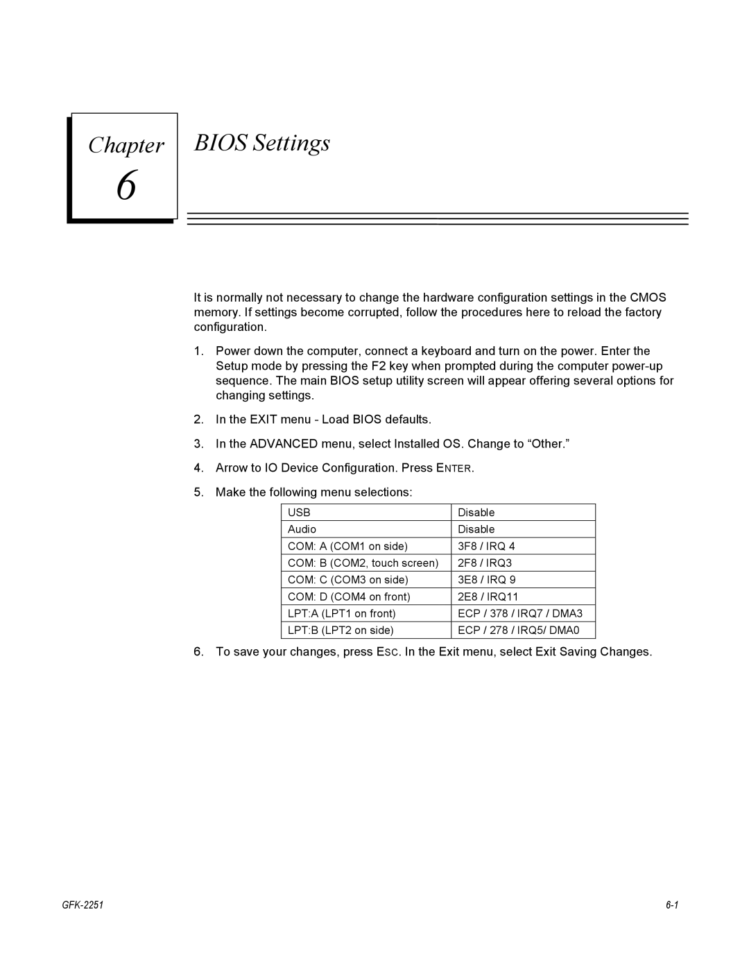 GE GFK-2251 manual Bios Settings, Usb 