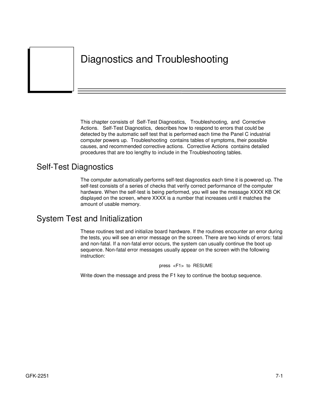 GE GFK-2251 manual Diagnostics and Troubleshooting, Self-Test Diagnostics, System Test and Initialization 