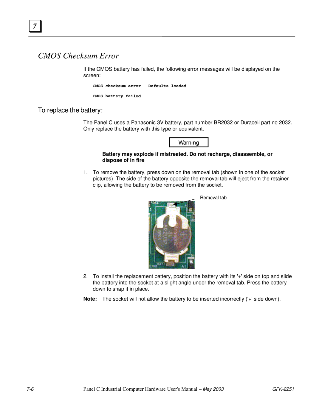 GE GFK-2251 manual Cmos Checksum Error, To replace the battery 