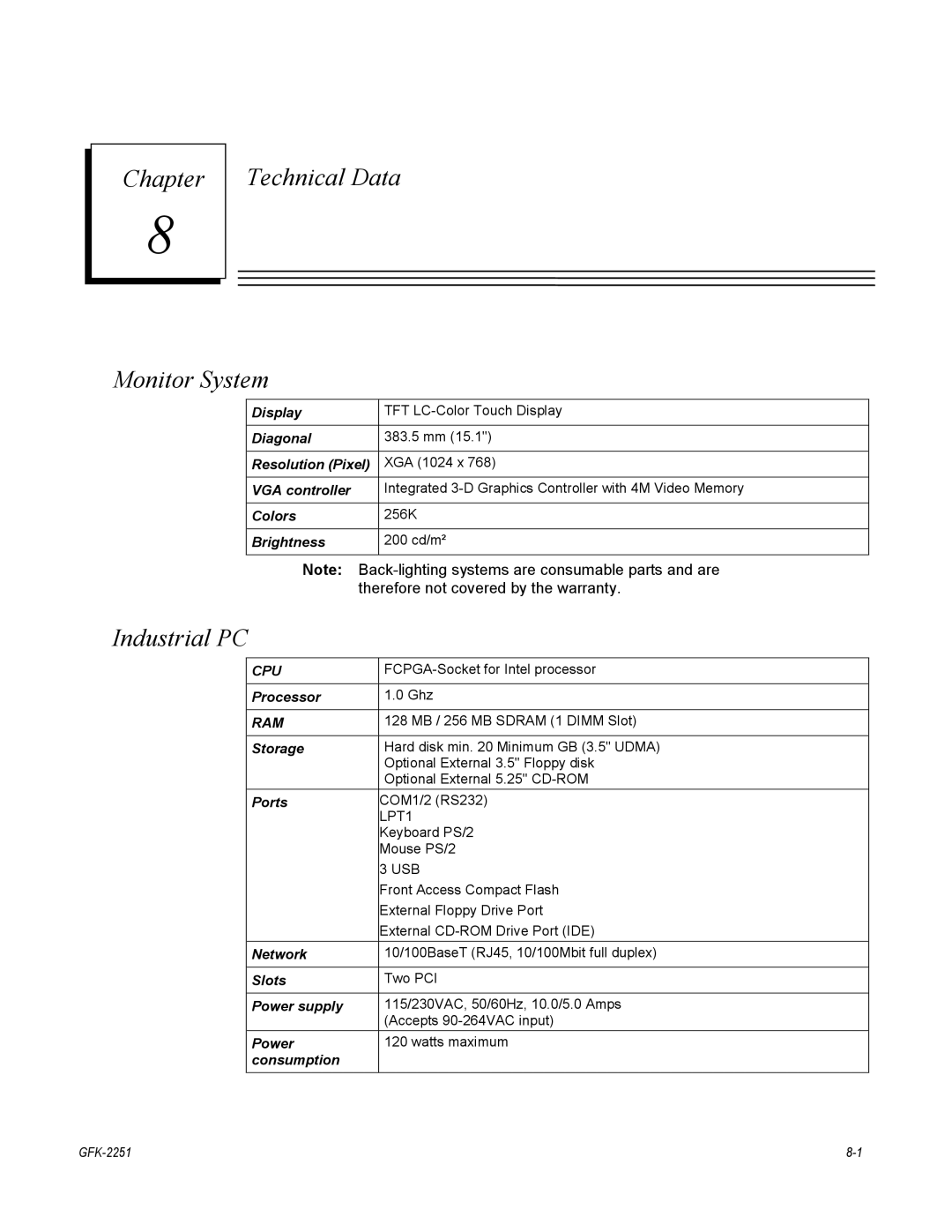 GE GFK-2251 manual Chapter Technical Data Monitor System, Industrial PC 