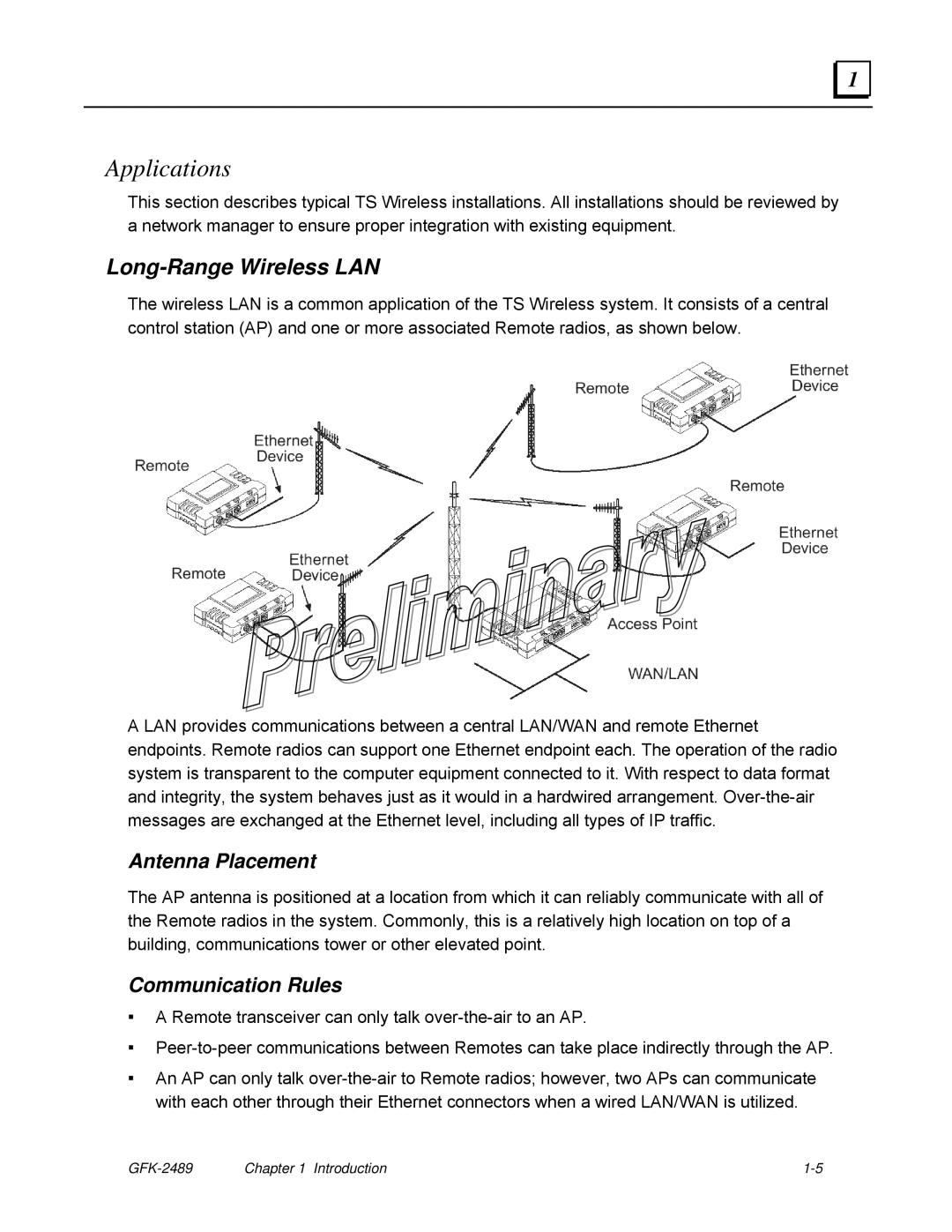 GE GFK-2489 user manual Applications, Long-Range Wireless LAN, Antenna Placement, Communication Rules 