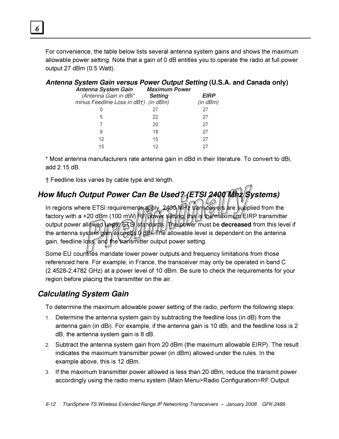 GE GFK-2489 user manual How Much Output Power Can Be Used? Etsi 2400 Mhz Systems 