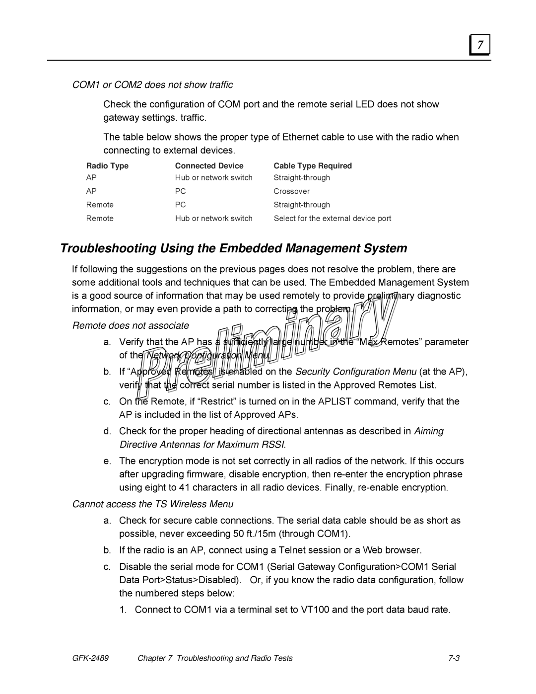 GE GFK-2489 user manual Troubleshooting Using the Embedded Management System, COM1 or COM2 does not show traffic 