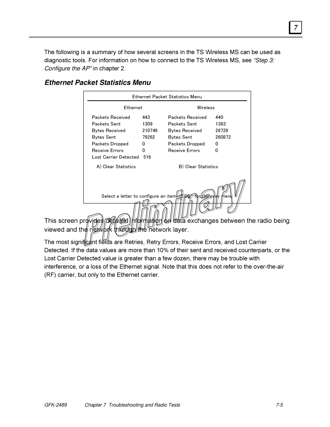 GE GFK-2489 user manual Ethernet Packet Statistics Menu 