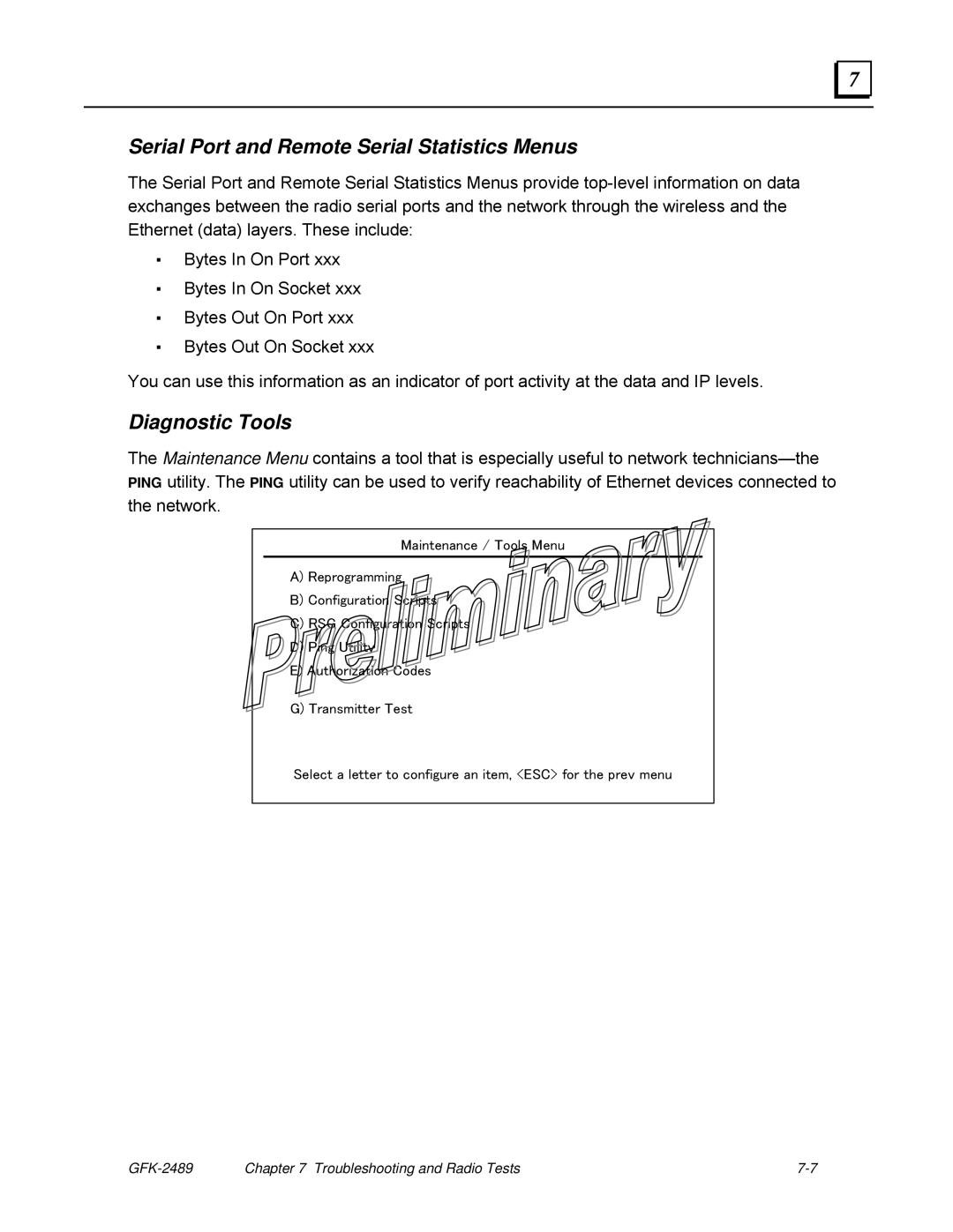 GE GFK-2489 user manual Serial Port and Remote Serial Statistics Menus, Diagnostic Tools 