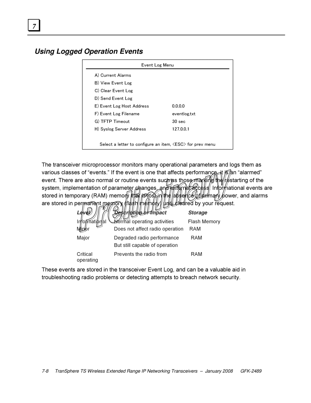 GE GFK-2489 user manual Using Logged Operation Events, Level Description or Impact Storage 