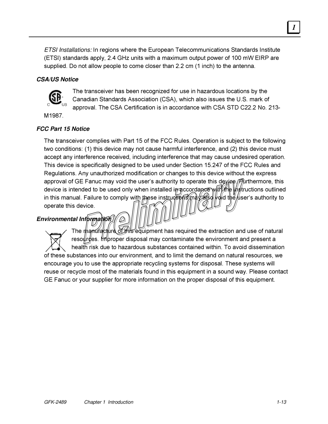 GE GFK-2489 user manual CSA/US Notice 