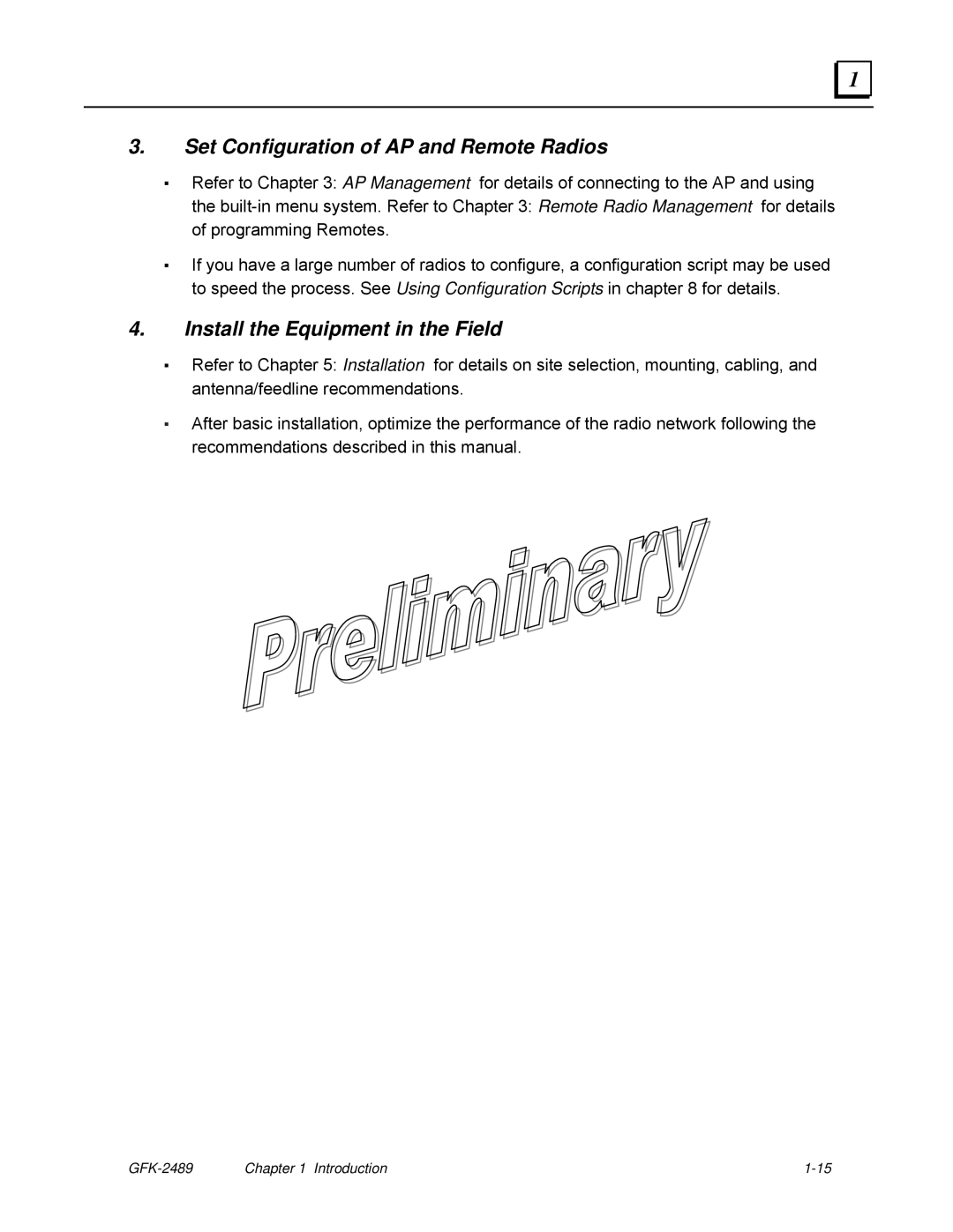 GE GFK-2489 user manual Set Configuration of AP and Remote Radios, Install the Equipment in the Field 